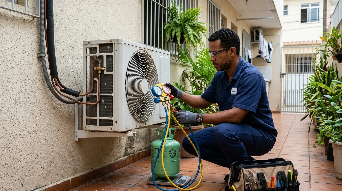 Técnico fazendo carga de gás na condensadora do ar-condicionado em Suzano‑SP