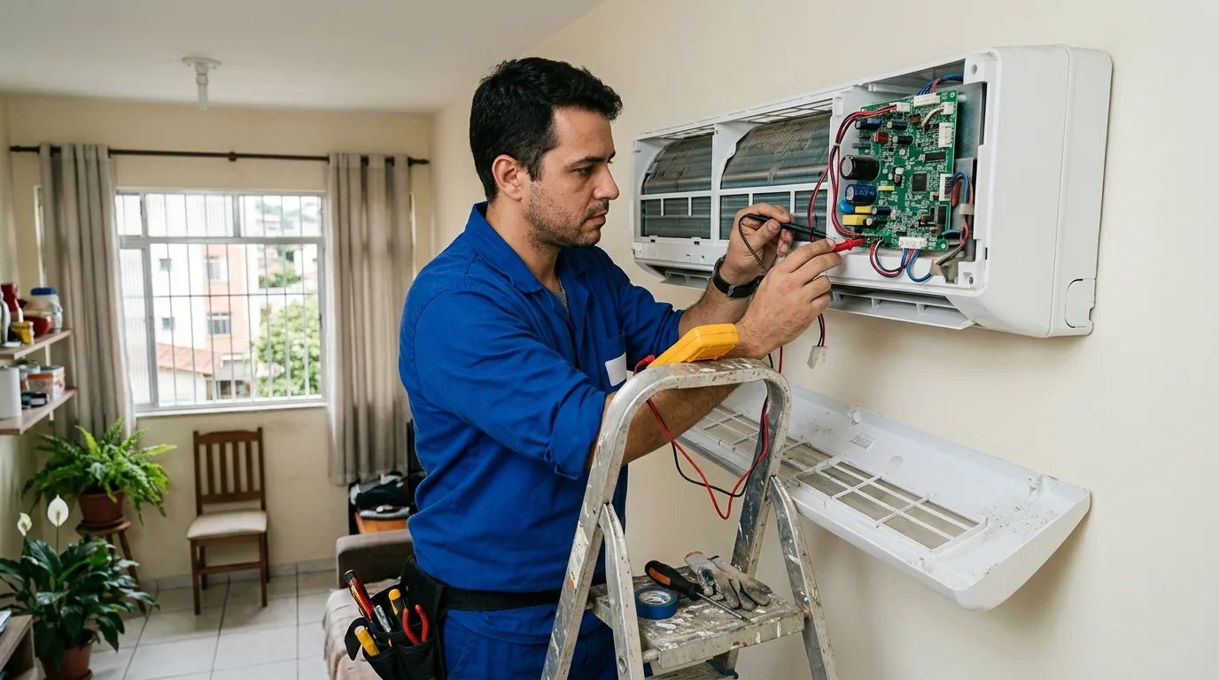 Técnico trocando a placa eletrônica de ar-condicionado split em Suzano‑SP