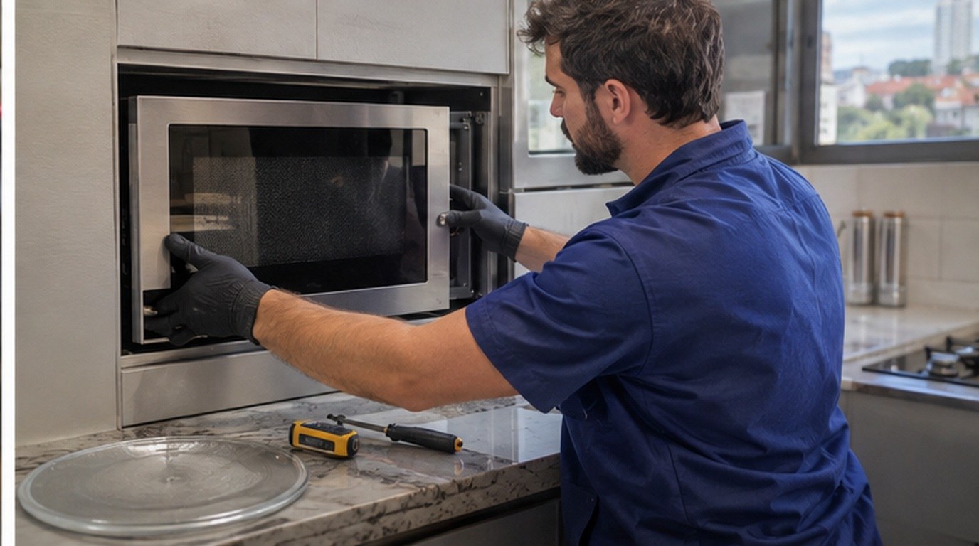 Conserto de micro-ondas de embutir em Suzano‑SP: técnico encaixando o aparelho no armário