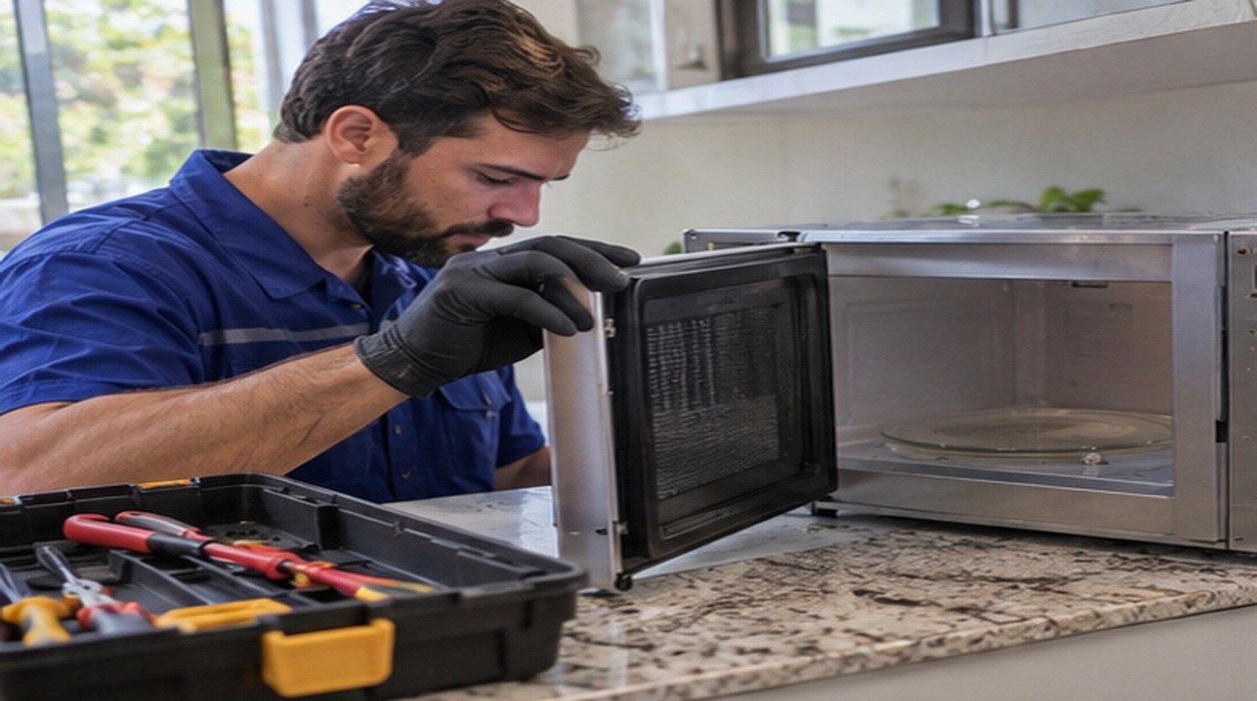 Conserto de micro-ondas em Suzano‑SP: técnico abrindo um micro-ondas de bancada