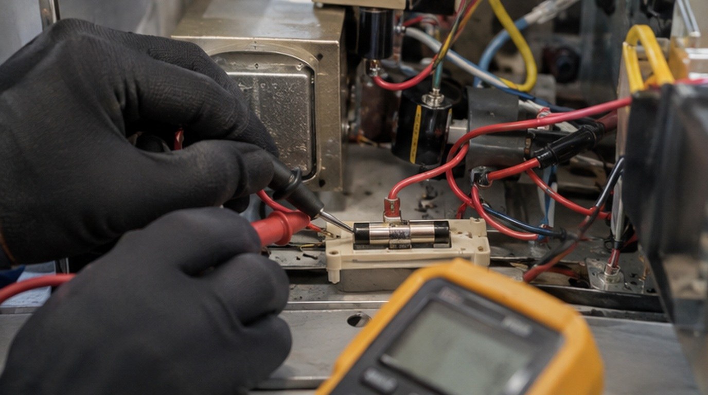 Conserto de micro-ondas em Suzano‑SP: teste do fusível e do diodo de alta tensão