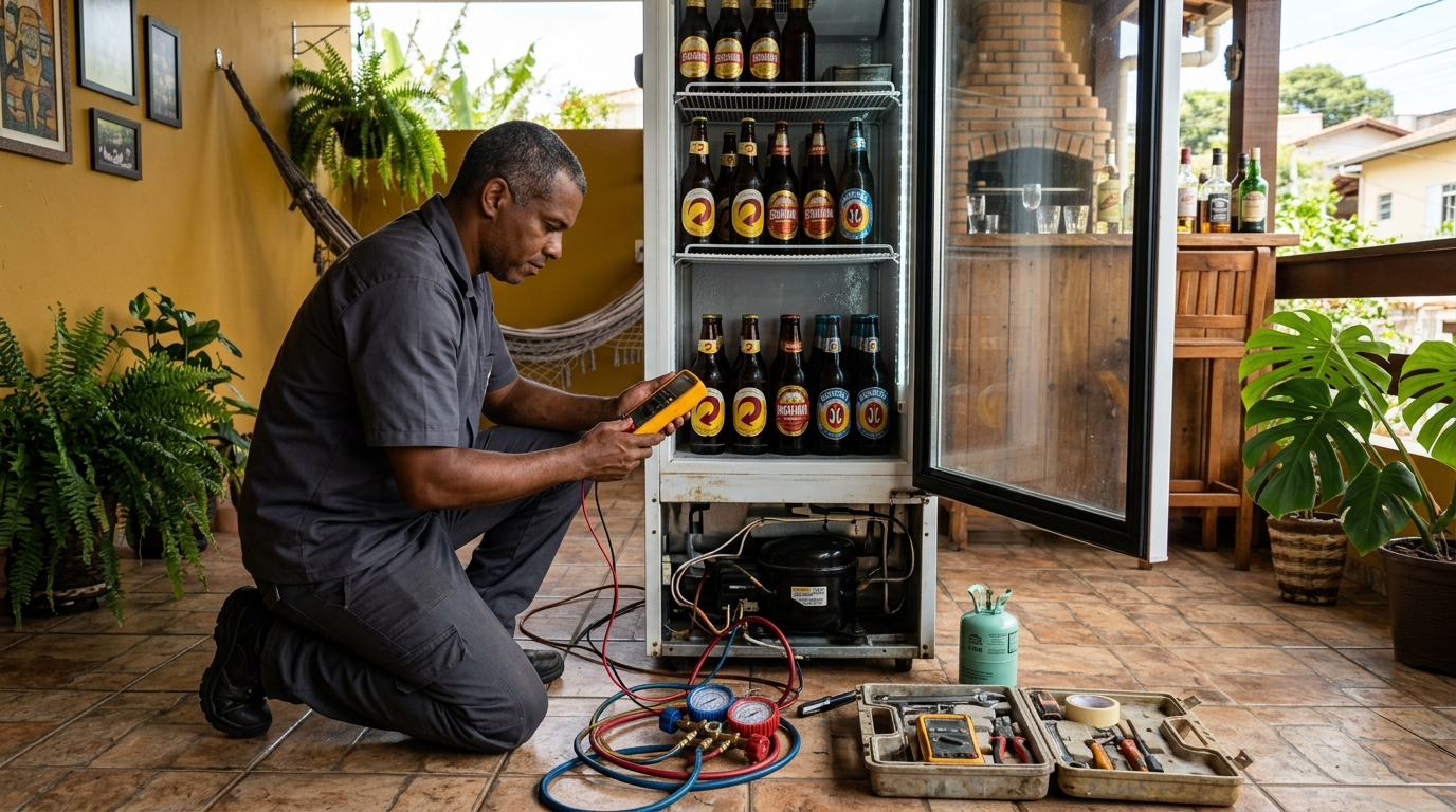 Placa eletrônica de cervejeira em reparo na bancada na Cidade Edson, Suzano‑SP
