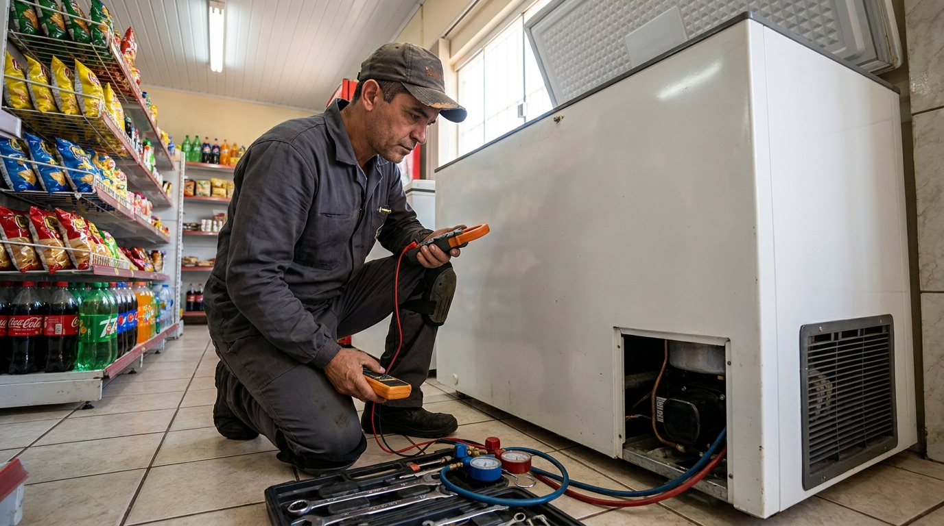 Reparo da placa eletrônica de um freezer em atendimento no Parque Buenos Aires, Suzano‑SP