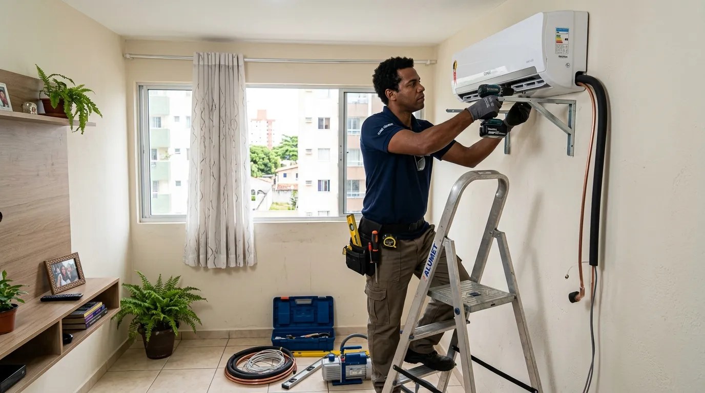 Técnico instalando ar-condicionado split em residência em Suzano‑SP