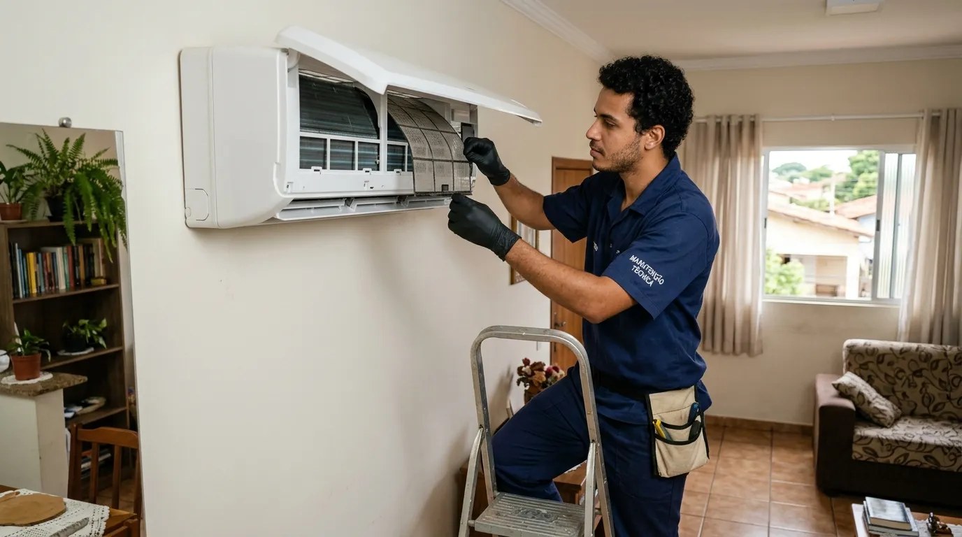 Técnico fazendo limpeza e higienização de ar-condicionado split em Suzano‑SP