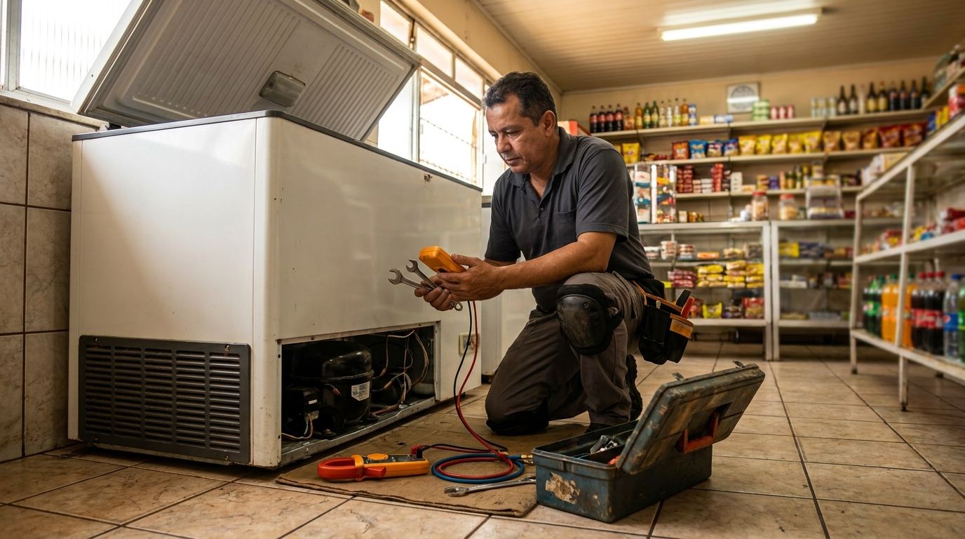 Técnico reparando o motor de um freezer horizontal no Parque Buenos Aires, Suzano‑SP