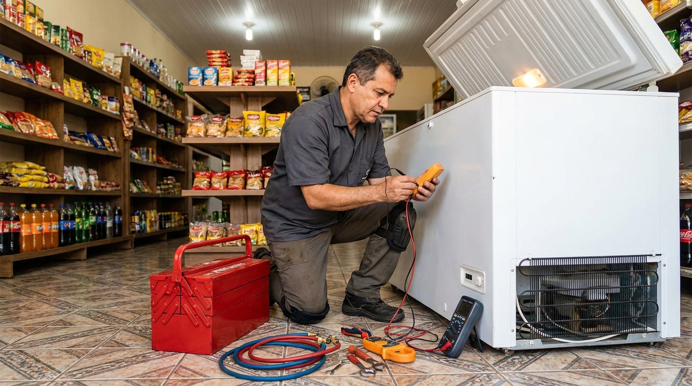 Manômetro conectado ao circuito durante recarga de gás de freezer no Parque Buenos Aires, Suzano‑SP