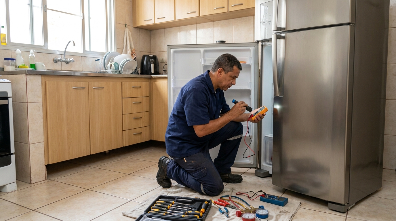Técnico fazendo recarga de gás em geladeira de cliente em Ipelândia, Suzano‑SP