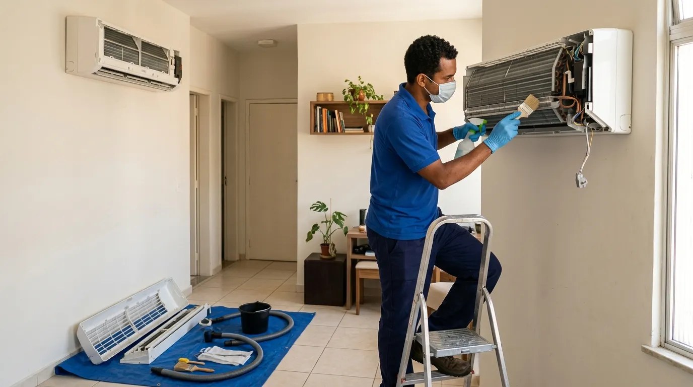 Técnico fazendo manutenção de ar-condicionado split em Suzano‑SP