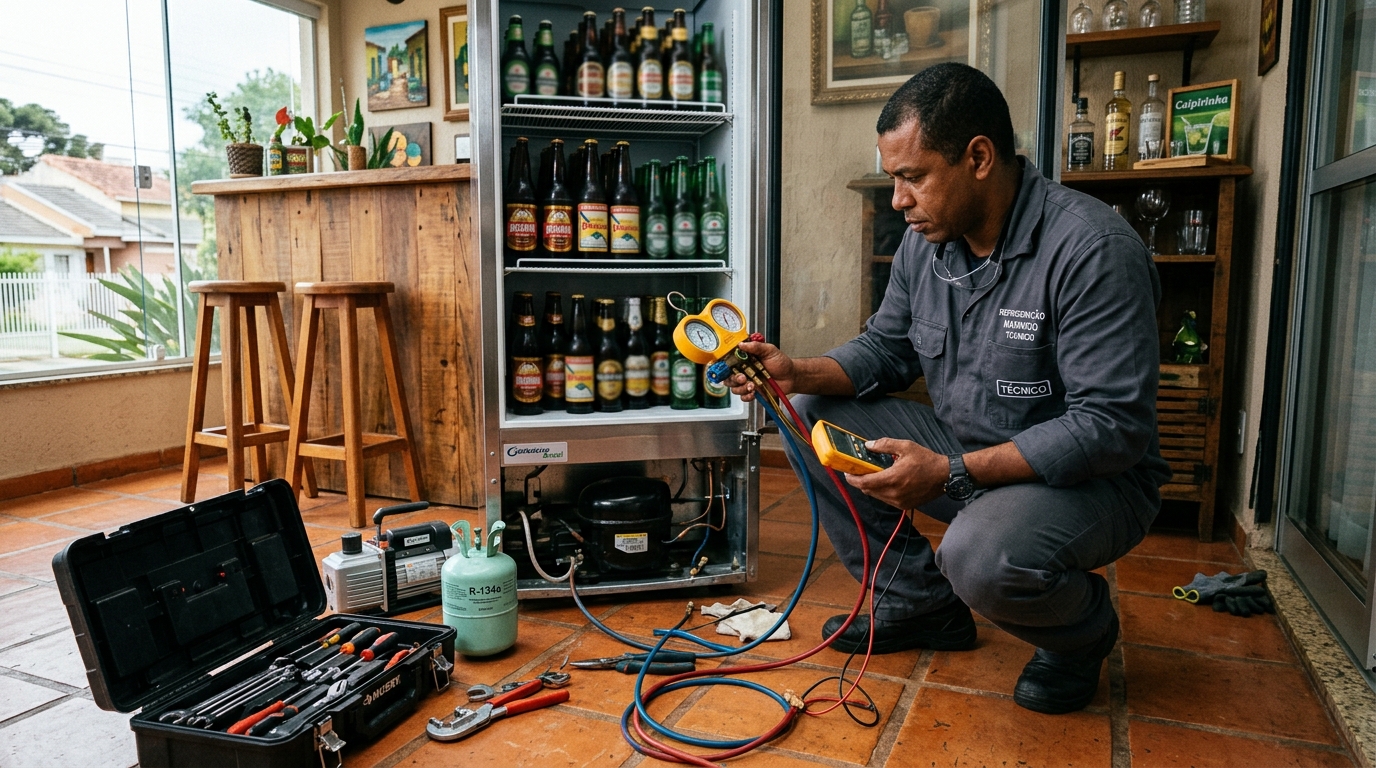 Técnico conferindo a temperatura de uma cervejeira durante atendimento na Cidade Edson, Suzano‑SP