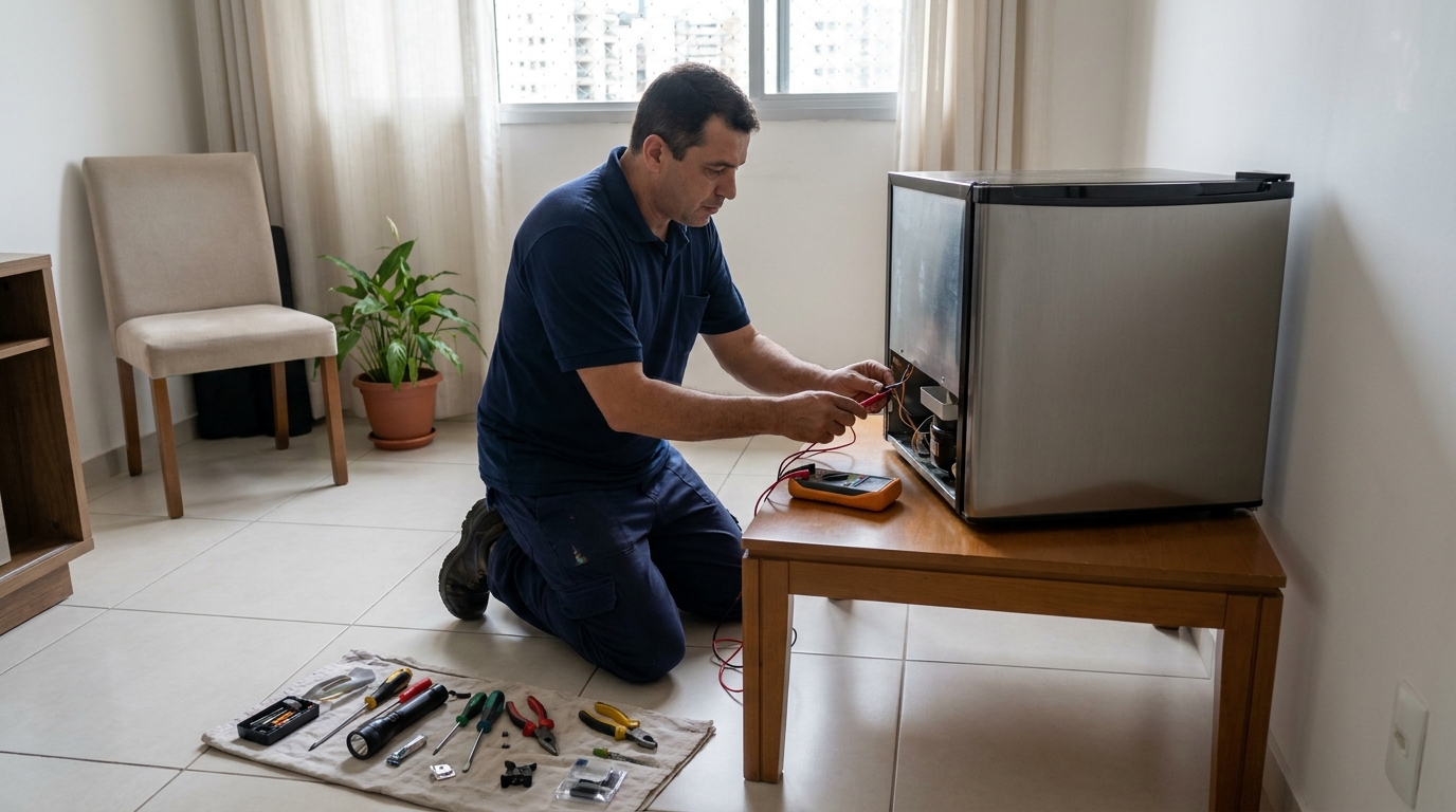 Técnico avaliando um frigobar compacto durante atendimento no Vale das Serras, Suzano‑SP